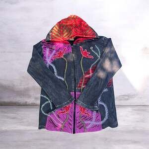 Y2k Happy Colors Boho Patchwork Razer Cut Floral Embroidered Zip-Up Hoodie